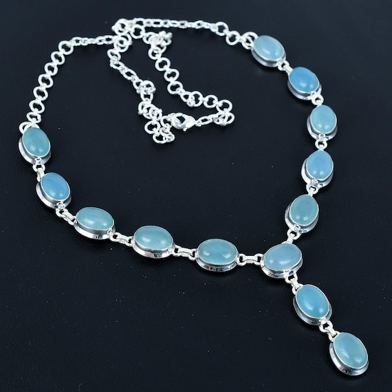 Aquamarine Gemstone Necklace: Handmade 925 Sterling Silver, Adjustable Chain