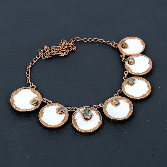 Handmade Copper Electroformed Mother Of Pearl Necklace With Aquamarine