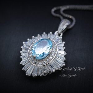 Luxury Aquamarine Necklace - Halo Sim Gemstone 18kgp @ Sterling Silver - Sky Blue Aquamarine Pedant - March Birthstone #537 Luxury Aquamarine Necklace - Halo Sim Gemstone 18kgp @ Sterling Silver - Sky Blue Aquamarine Pedant - March Birthstone #537