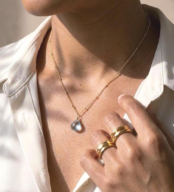 Aquamarine Necklace, March Birthstone, Light Blue Teardrop Layering Necklace On Satellite Chain In Gold Or Silver, Dainty Mother's Day Gift