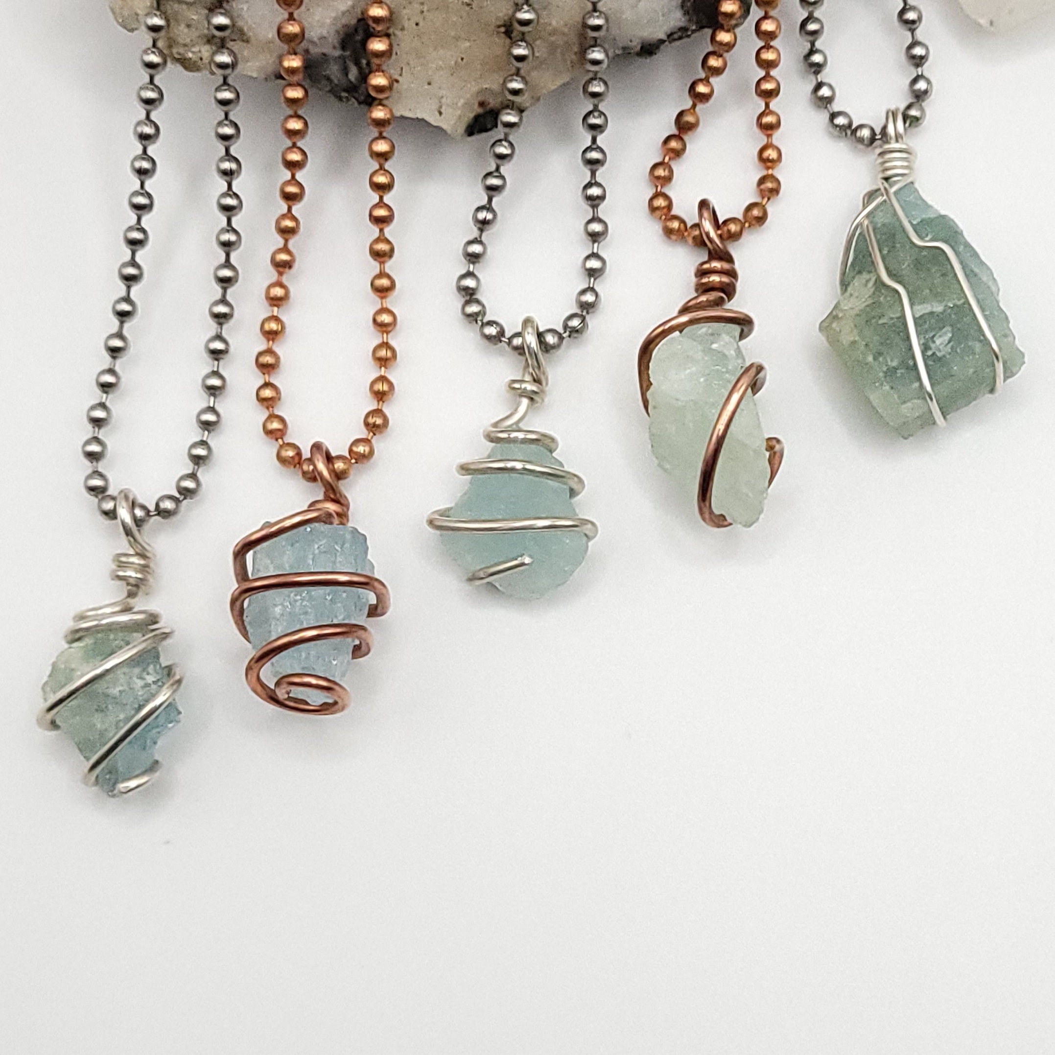 Raw Aquamarine Necklace In Silver Or Copper: Calm & Communication Crystal