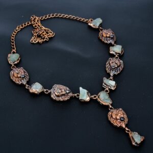 Aquamarine Rough Necklace, Electroformed Copper Lion Face, Adjustable Chain Aquamarine Rough Necklace, Electroformed Copper Lion Face, Adjustable Chain