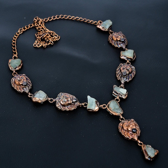Aquamarine Rough Necklace, Electroformed Copper Lion Face, Adjustable Chain