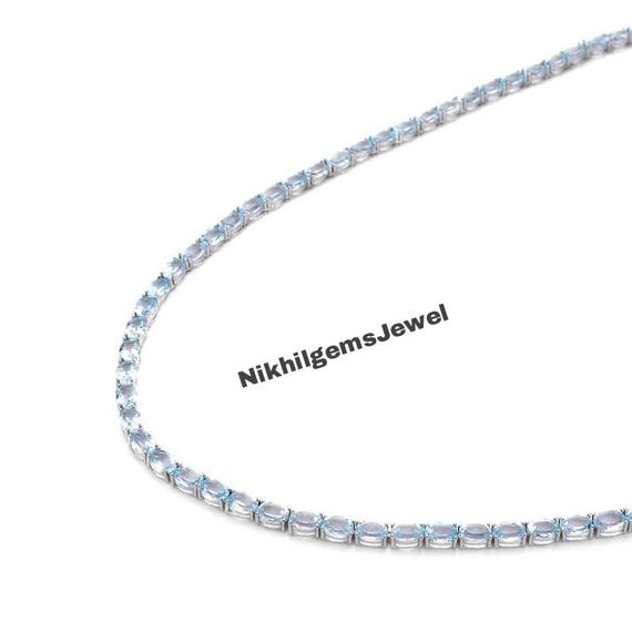 Aquamarine Tennis Necklace: Sterling Silver Cup Chain Choker, Office Jewelry