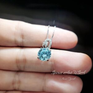 Tiny Blue Aquamarine Necklace - Sterling Silver Single Halo Dangle Round 8mm - March Birthstone - Aquamarine Jewelry 081 Tiny Blue Aquamarine Necklace - Sterling Silver Single Halo Dangle Round 8mm - March Birthstone - Aquamarine Jewelry 081