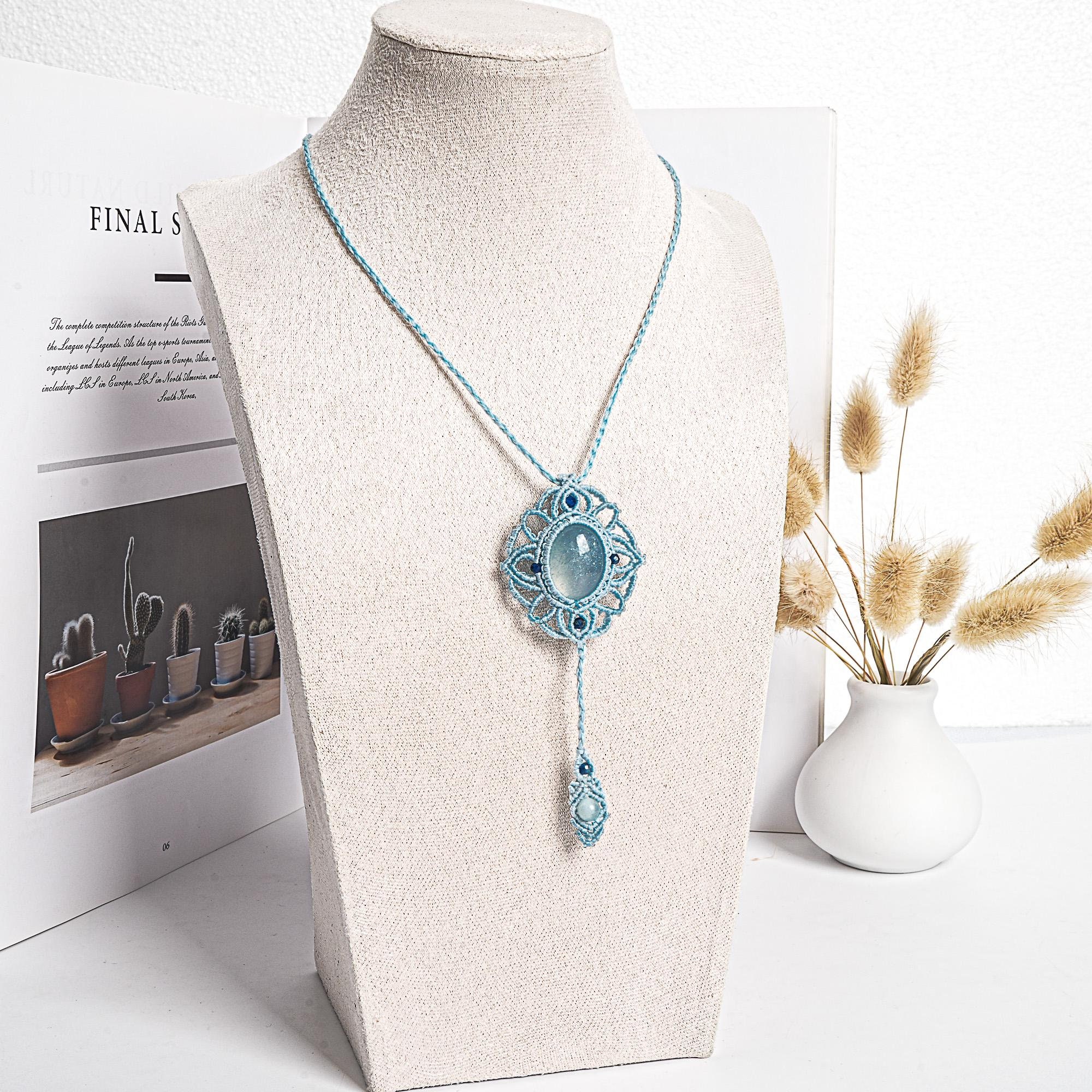 Translucent Light Blue Aquamarine Macrame Necklace Genuine Natural Grade Aaa Aquamarine Necklace Gemstone Neckalce(95907)