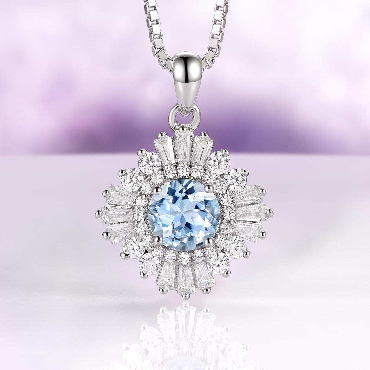 Vintage Aquamarine Necklace In 925 Sterling Silver- Art Deco Gatsby Inspired March Birthstone Bridal Necklace- Anniversary Gift For Her