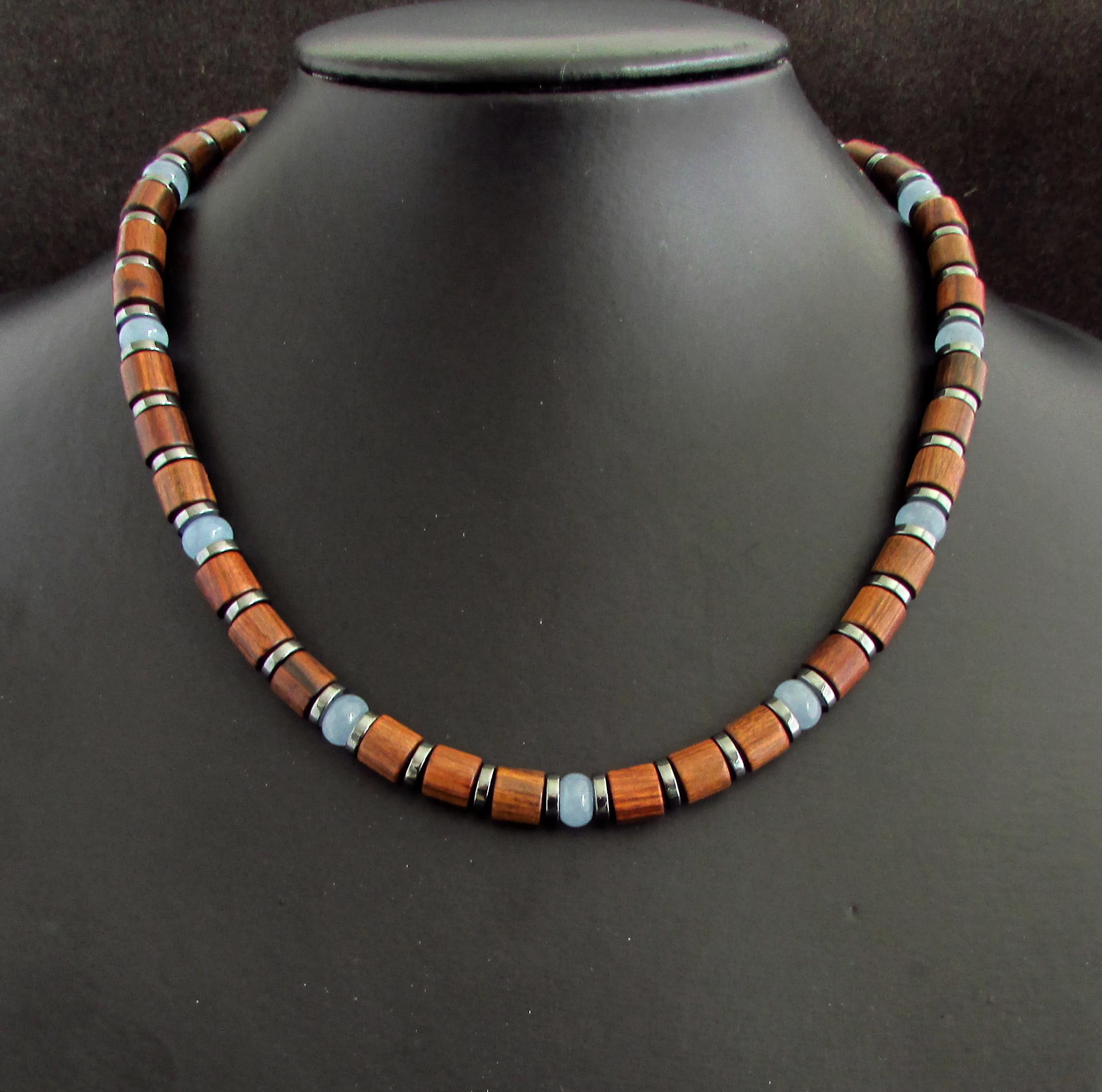 Wood And Aquamarine Gemstone Mens Necklace Mia Patrino Design, Gift For Men, Handmade Natural Blue Gemstone And Wood Mens Beaded Necklace