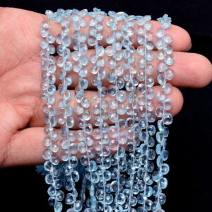 Aaa+ Aquamarine Gemstone 6mm Heart Briolette Beads , Natural Aquamarine Semi Precious Gemstone Loose Faceted Beads , 8inch Strand