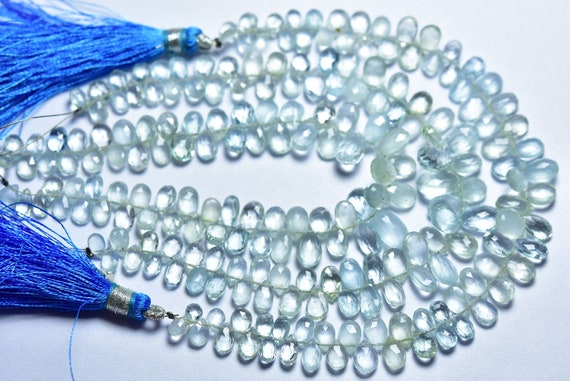 Aquamarine Briolette Beads - 7.5 Inches - Natural High Quality Faceted Aquamarine Pear Briolettes - Size Is 4x6-6x9 Mm #1958 Aquamarine Briolette Beads - 7.5 Inches - Natural High Quality Faceted Aquamarine Pear Briolettes - Size Is 4x6-6x9 Mm #1958