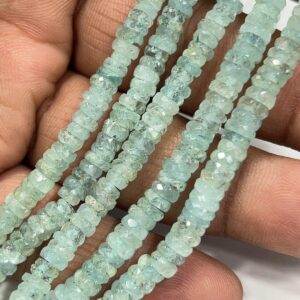 Natural Aquamarine Faceted Heishi Tyre Shape Beads | 6–7mm Gemstone Beads | 8 Inch Strand for Jewelry Making