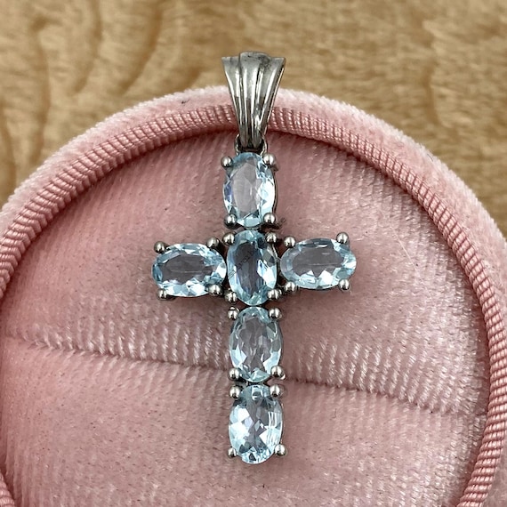 Aquamarine Cross Pendant: Oval Faceted Sterling Silver Necklace