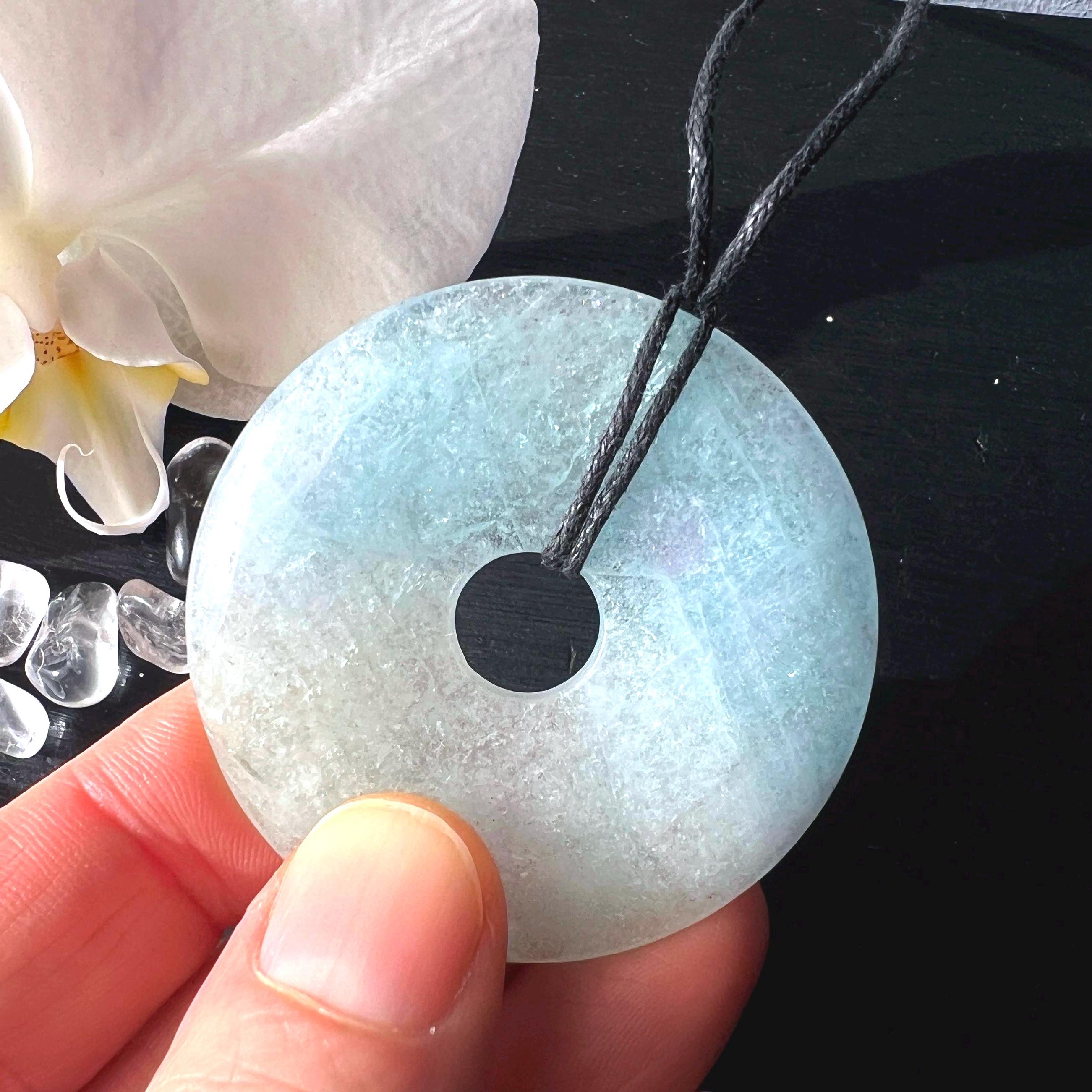 Aquamarine Donut Pendant | March Birthstone Necklace With Cord Aquamarine Donut Pendant | March Birthstone Necklace With Cord