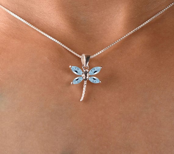 Aquamarine Dragonfly Pendant, Sterling Silver Necklace, Birthstone Jewelry