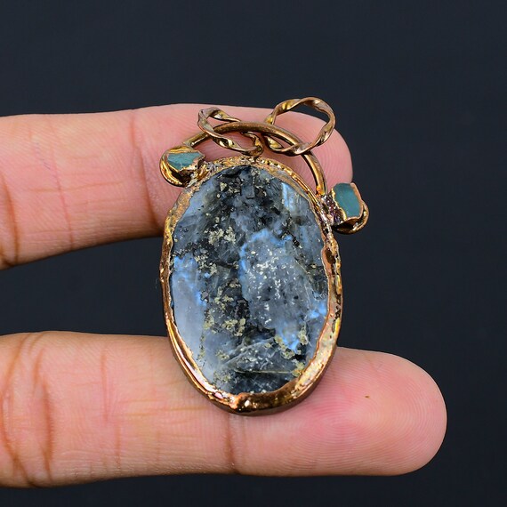 Electroformed Copper Larvikite Pendant, Aquamarine Accent, Handmade Jewelry Electroformed Copper Larvikite Pendant, Aquamarine Accent, Handmade Jewelry