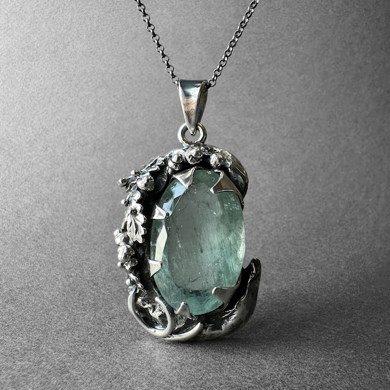 Gorgeous Natural Aquamarine Silver Necklace, Oak Forest Themed Aquamarine Stone Pendant, Beryl Necklace, Father's Special Collection Piece