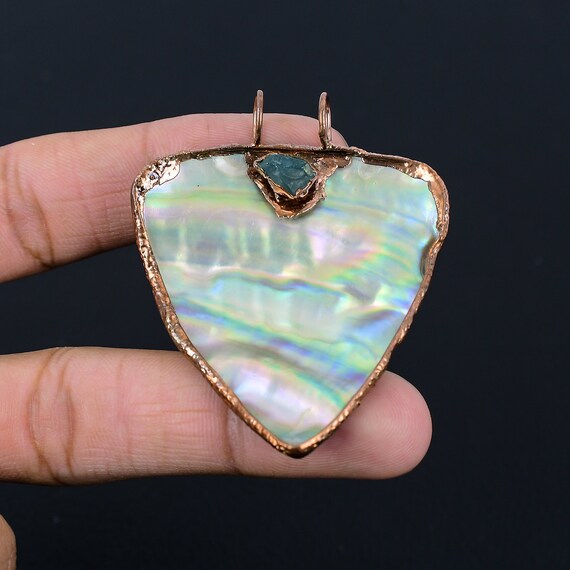 Handmade Copper Electroformed Abalone & Aquamarine Pendant