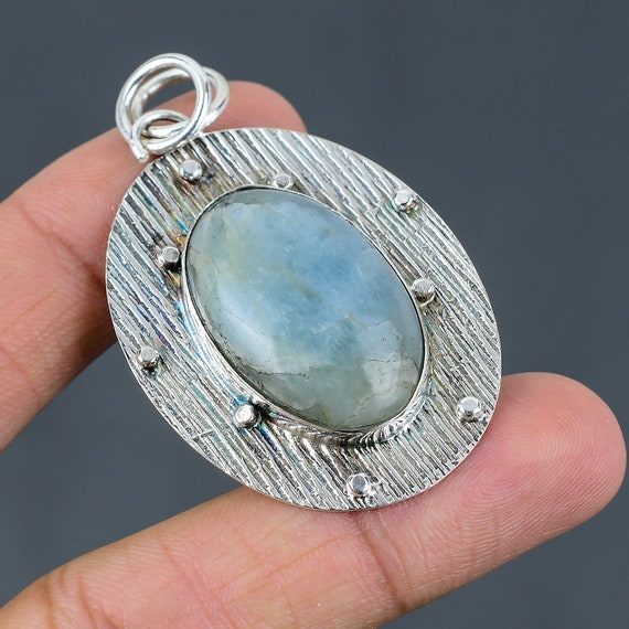 Handmade Aquamarine Pendant: Oval Gemstone, 925 Sterling Silver