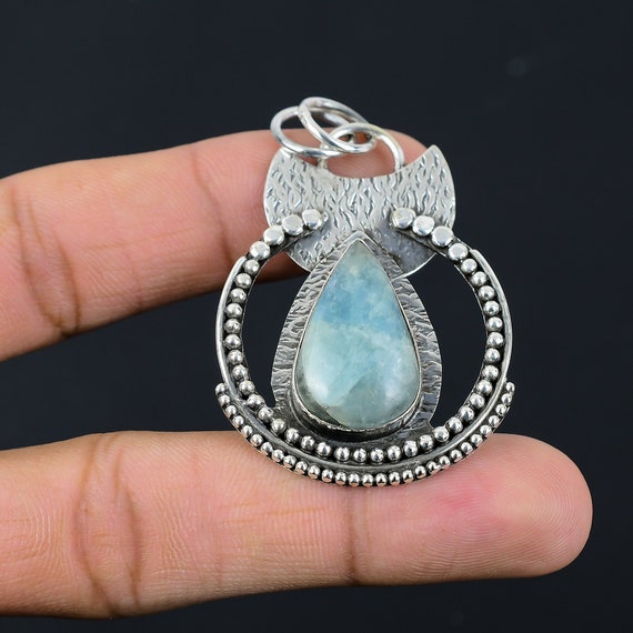 Handmade Pear Aquamarine Pendant, 925 Sterling Silver (57mm)
