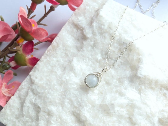 Aquamarine Minimalist Dainty Sterling Silver Pendant | March Birthstone | Wire Wrapped Jewellery