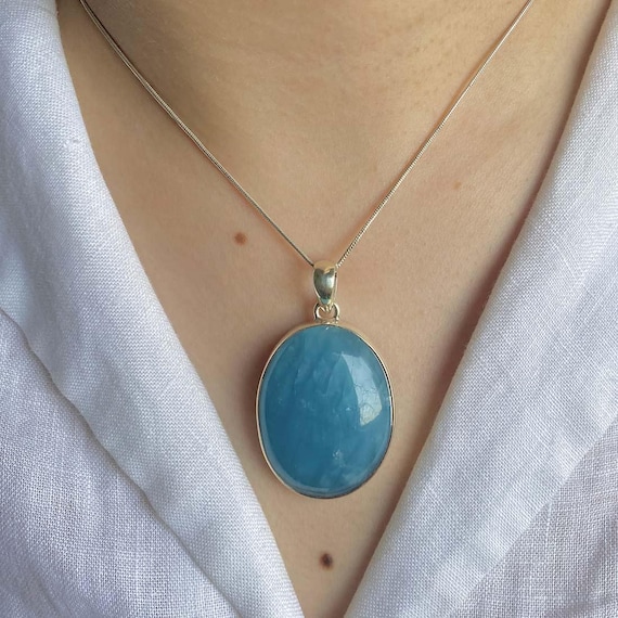 Aquamarine Pendant Necklace: 925 Sterling Silver, Gold Plated