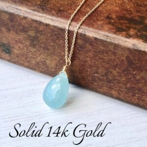 Aquamarine Necklace, March Birthstone, Milky Aqua Blue Teardrop Pendant, Solid 14k Gold Summer Necklace, Minimalist Jewelry Adjustable Chain