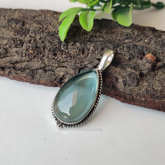Aquamarine Pear Gemstone Pendant: 925 Sterling Silver Boho Design