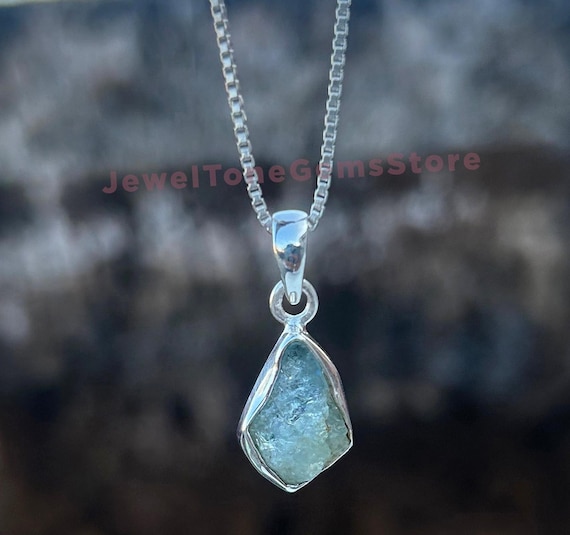 Raw Aquamarine Pendant, 925 Sterling Silver, Handmade Anniversary Gift