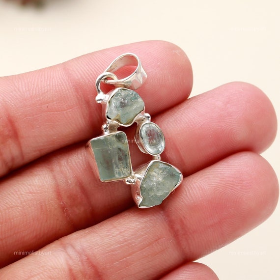 Raw Aquamarine Sterling Silver Pendant, Handmade Crystal Jewelry