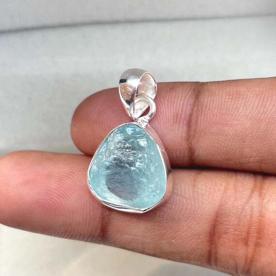 Raw Aquamarine Pendant: Sterling Silver Bezel, March Birthstone
