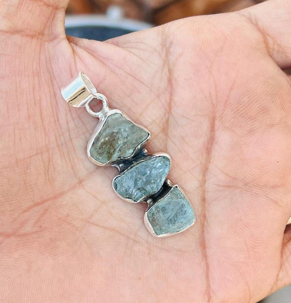 Three Raw Aquamarine Gemstone Pendent, Solid 925 Sterling Silver, Genuine Pendent, Women Jewelry