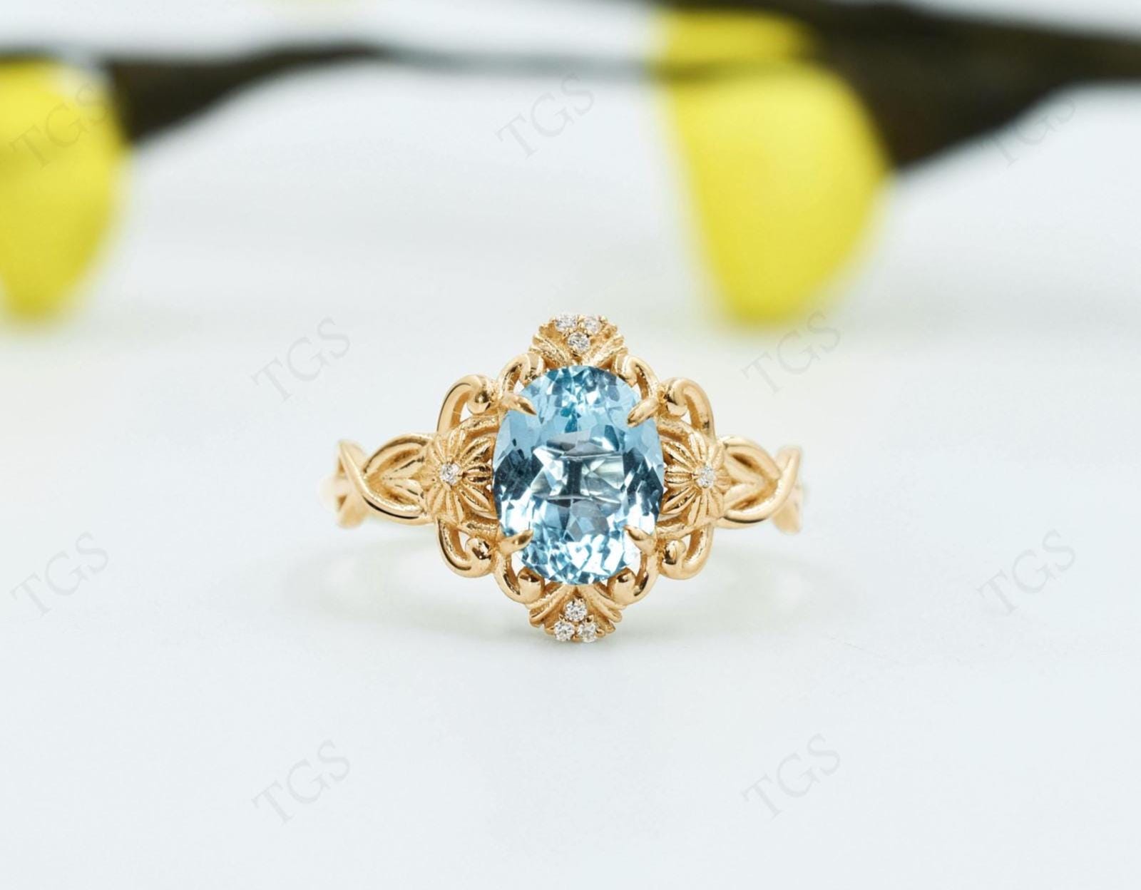 14k Gold Aquamarine Vintage Engagement Ring For Women Art Deco Floral Design Bridal Ring Antique Filigree Wedding Ring Unique Promise Ring