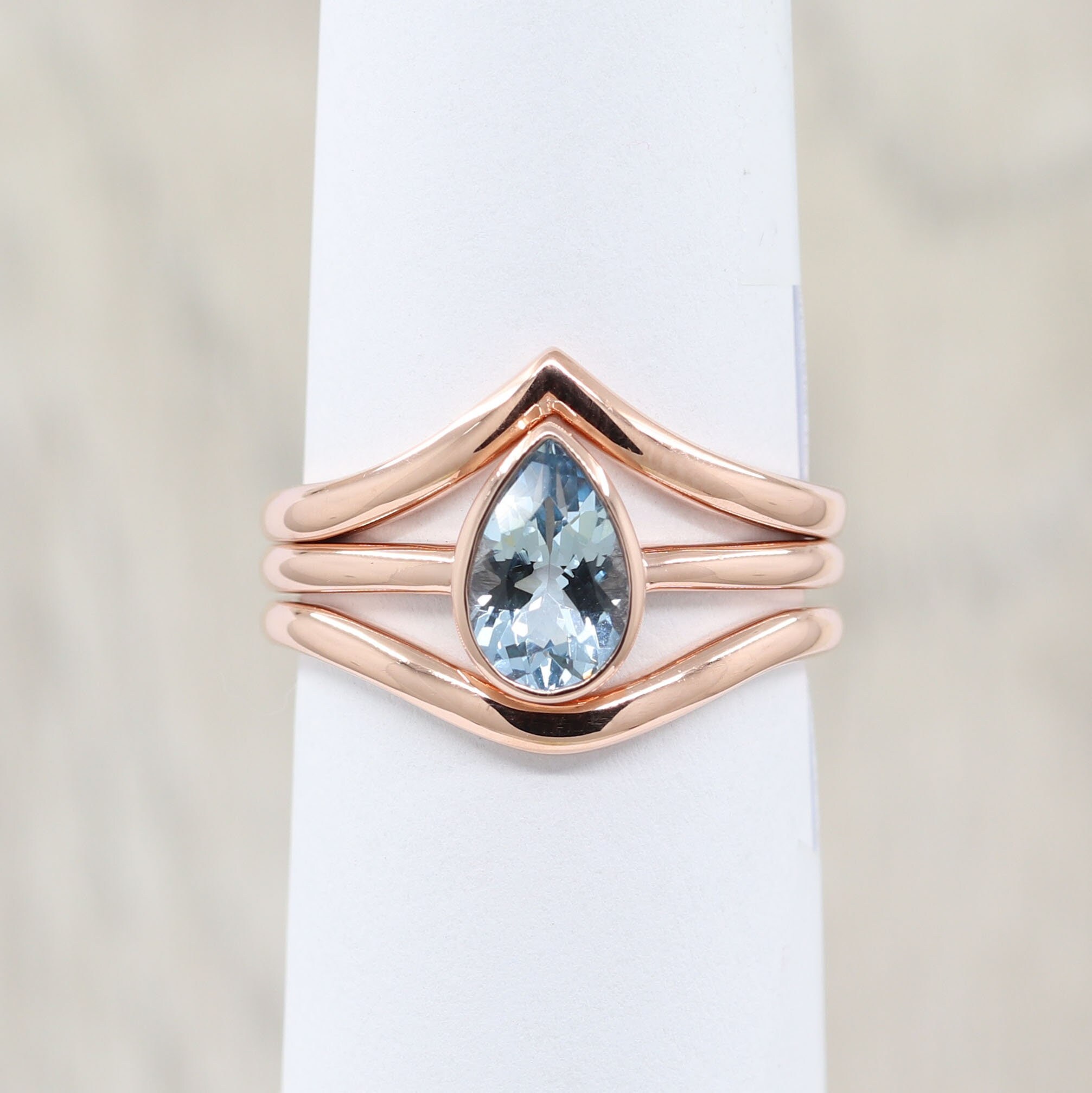 14k White Gold Pear Aquamarine Ring Set: Curved Wedding Band.14k Solid Gold 14k White Gold Pear Aquamarine Ring Set: Curved Wedding Band.14k Solid Gold