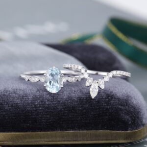 2pcs White Gold Oval Cut Aquamarine Engagement Ring Set Moissanite / Diamond Ring Curved Promise Ring Anniversary Ring