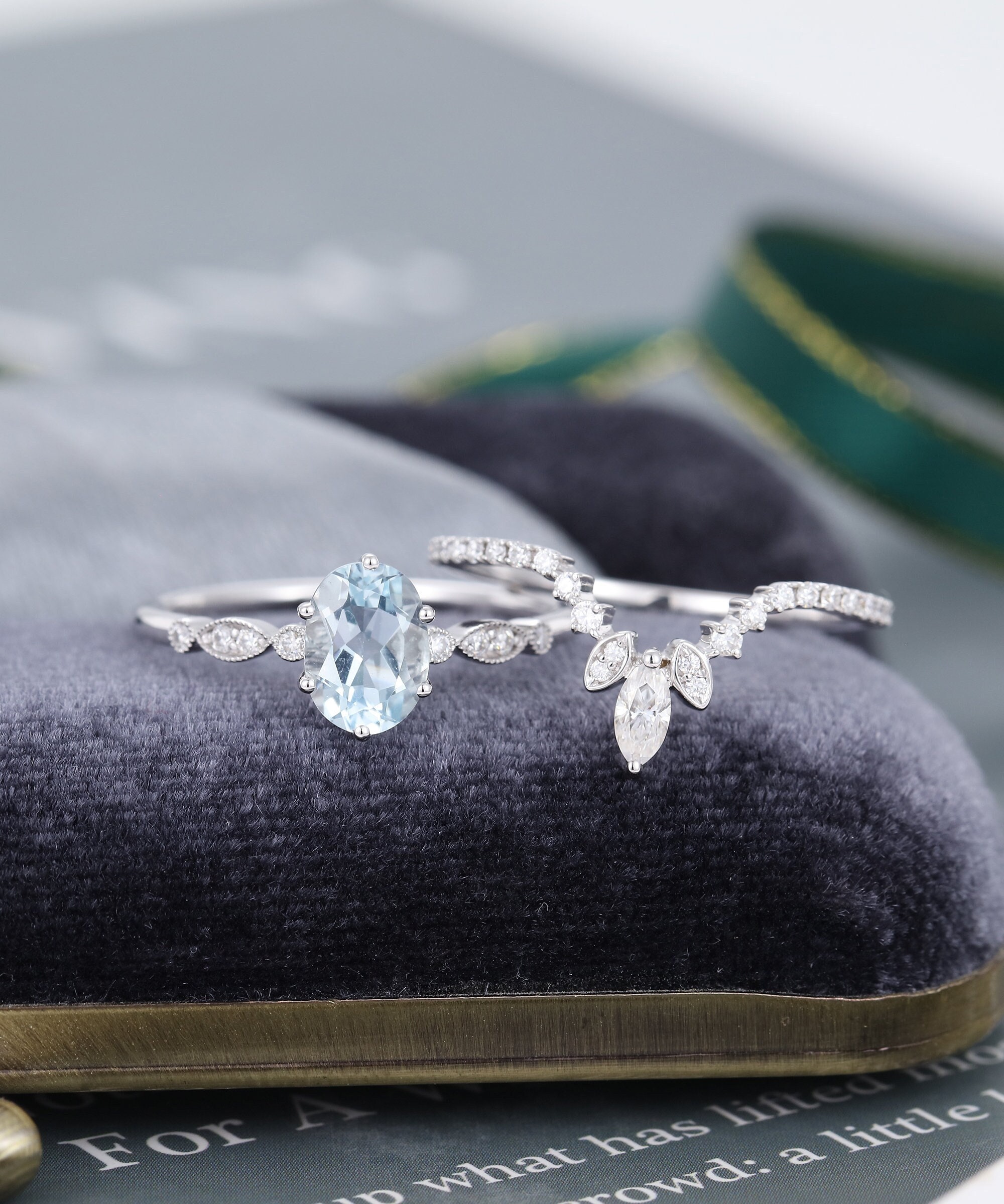 2pcs White Gold Oval Cut Aquamarine Engagement Ring Set Moissanite/ Diamond Ring Curved Promise Ring Anniversary Ring 2pcs White Gold Oval Cut Aquamarine Engagement Ring Set Moissanite/ Diamond Ring Curved Promise Ring Anniversary Ring