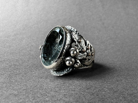 Amazing Oak Leaf Design Aquamarine Ring, Aquamarine Statement Ring, Father's Special Collection Piece, Blue Beryl Ring, Completely Handmade
