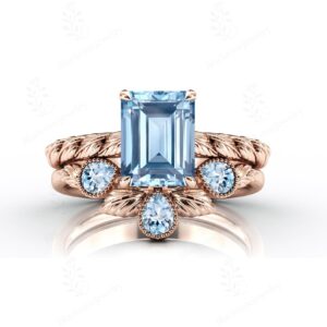 Art Deco Aquamarine Engagement Ring Set For Her Unique Leaf Design Bridal Ring Set 925 Silver Aquamarine Gemstone Ring Set Gift For Women Art Deco Aquamarine Engagement Ring Set For Her Unique Leaf Design Bridal Ring Set 925 Silver Aquamarine Gemstone Ring Set Gift For Women