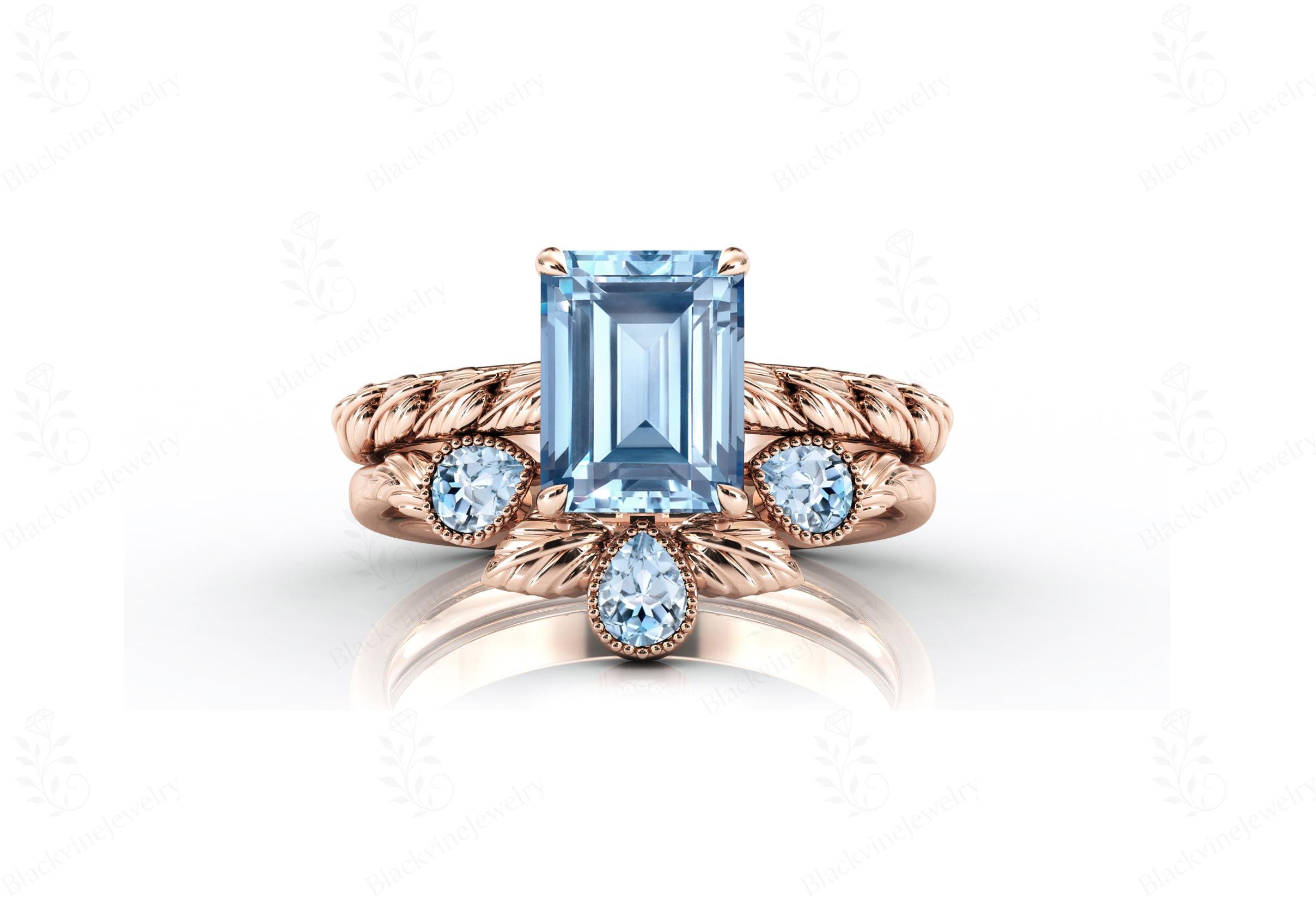 Art Deco Aquamarine Engagement Ring Set For Her Unique Leaf Design Bridal  Ring Set 925 Silver Aquamarine Gemstone Ring Set Gift For Women