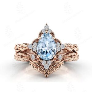 Art Deco Aquamarine Engagement Ring Set For Women 925 Silver Aquamarine Gemstone Ring Set Antique Leaf Design Wedding Ring Set Gift For Her Art Deco Aquamarine Engagement Ring Set For Women 925 Silver Aquamarine Gemstone Ring Set Antique Leaf Design Wedding Ring Set Gift For Her