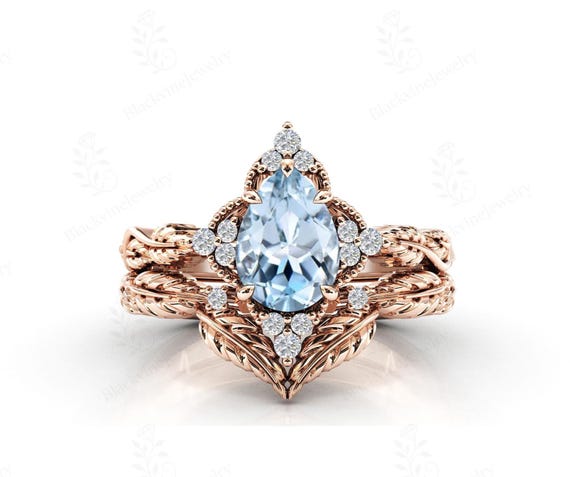 Art Deco Aquamarine Engagement Ring Set For Women 925 Silver Aquamarine Gemstone Ring Set Antique Leaf Design Wedding Ring Set Gift For Her Art Deco Aquamarine Engagement Ring Set For Women 925 Silver Aquamarine Gemstone Ring Set Antique Leaf Design Wedding Ring Set Gift For Her