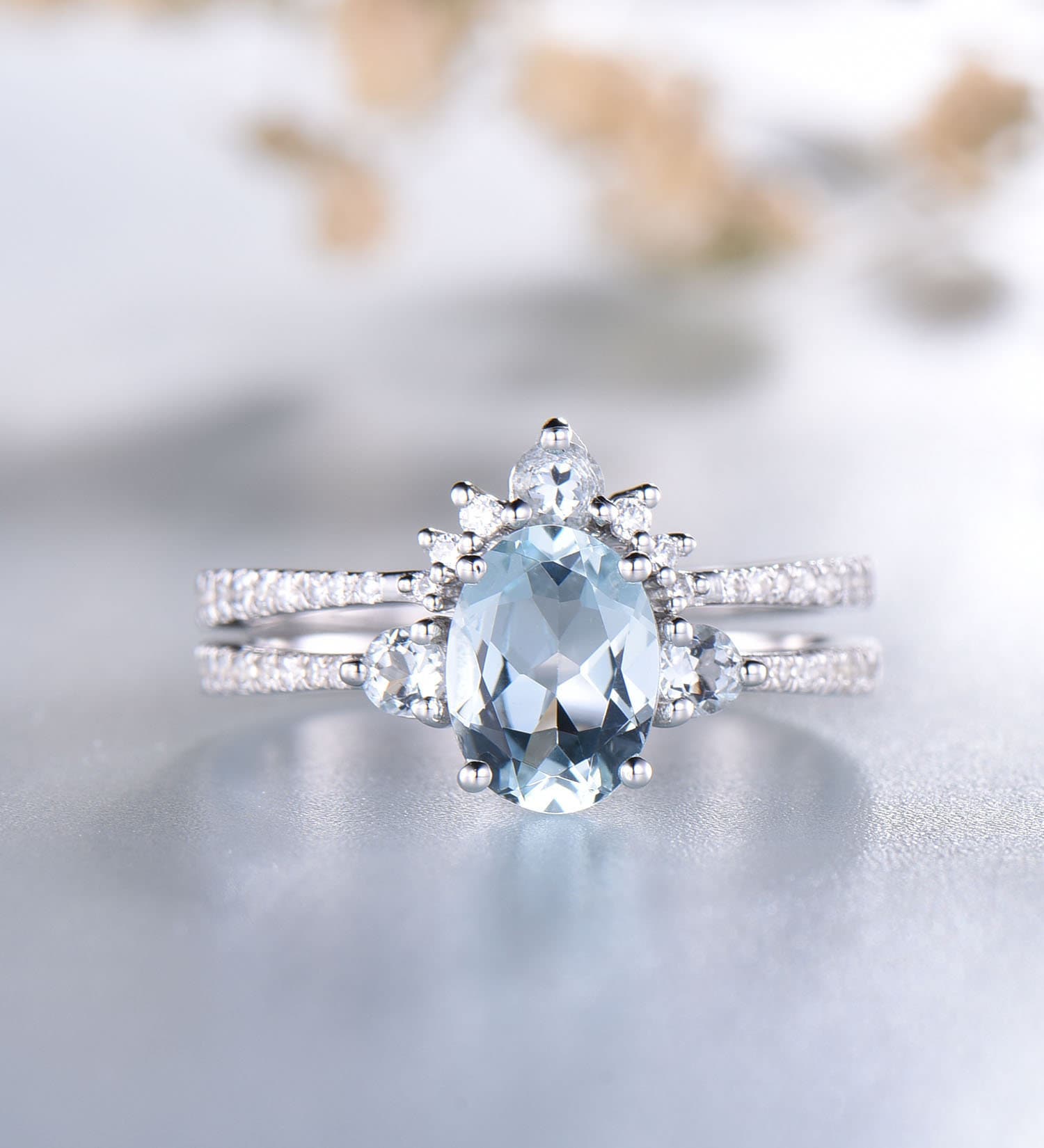 Aquamarine Engagement Ring Set: Sterling Silver Gemstone Wedding Band Aquamarine Engagement Ring Set: Sterling Silver Gemstone Wedding Band