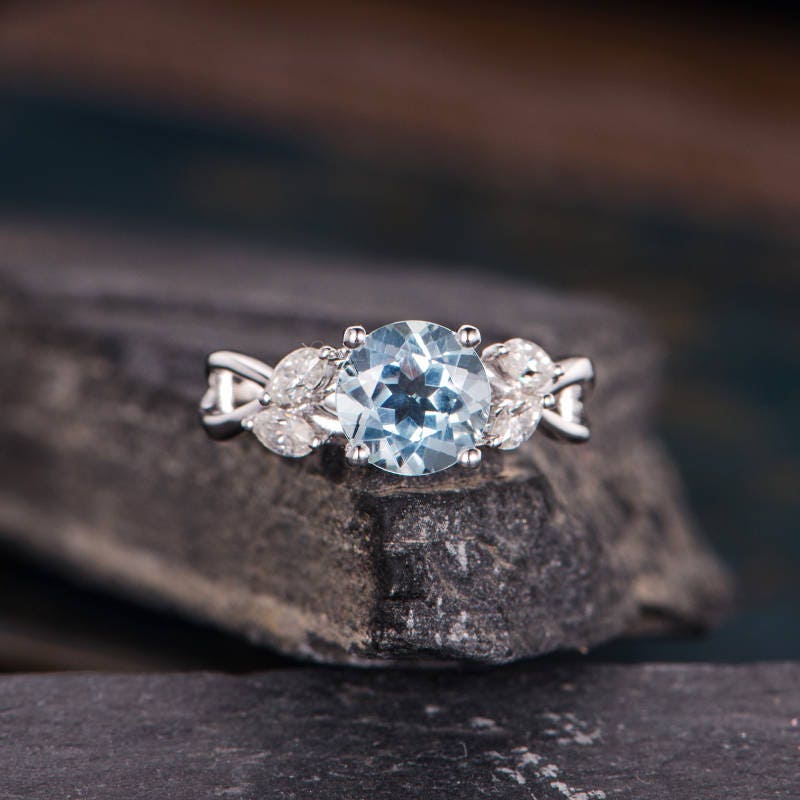 Aquamarine Engagement Ring White Gold Marquise Moissanite Leaf Vine Floral Ring Birthstone March Woman Anniversary Gift Bridal Infinity