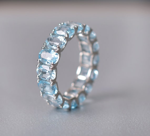 Aquamarine Full Eternity Band: Sterling Silver Anniversary Ring Aquamarine Full Eternity Band: Sterling Silver Anniversary Ring
