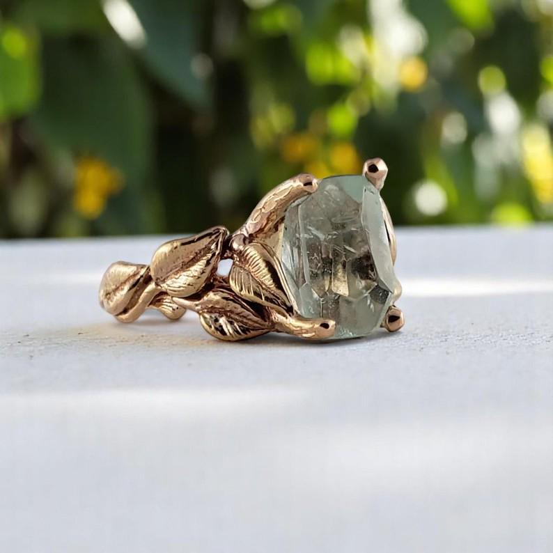 Handmade Aquamarine Leaf Ring, Solid Gold Gemstone Engagement Ring