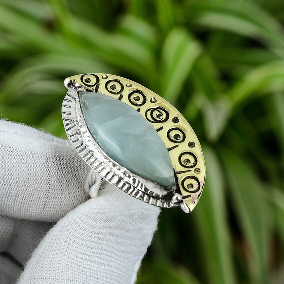 Handmade Marquise Aquamarine Ring: 18k Gold Plated 925 Sterling Silver, Adjustable