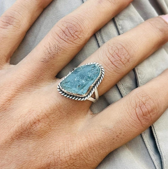 Handmade Raw Aquamarine Sterling Silver Ring, Women's Jewelry