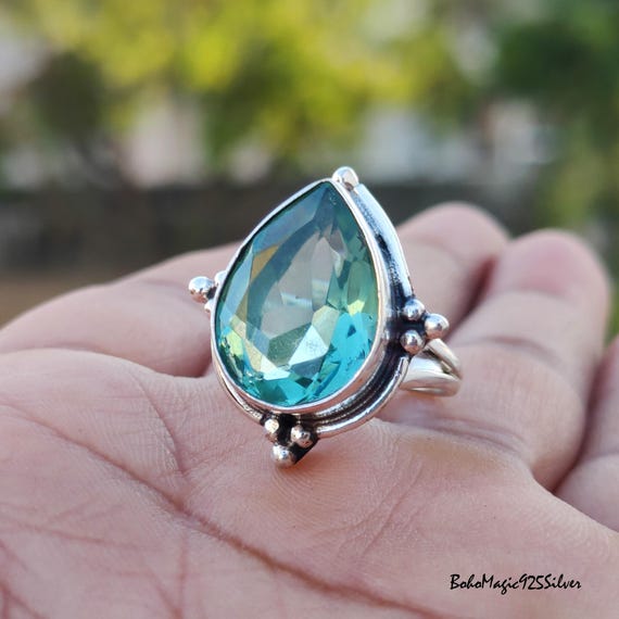 Handmade Teardrop Aquamarine Ring: 925 Sterling Silver Wedding Jewelry