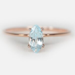Marquise Aquamarine Ring in 14K Rose Gold, March Birthstone Ring, Minimalist Dainty Gemstone Ring, Handmade Stacking Jewelry Gift