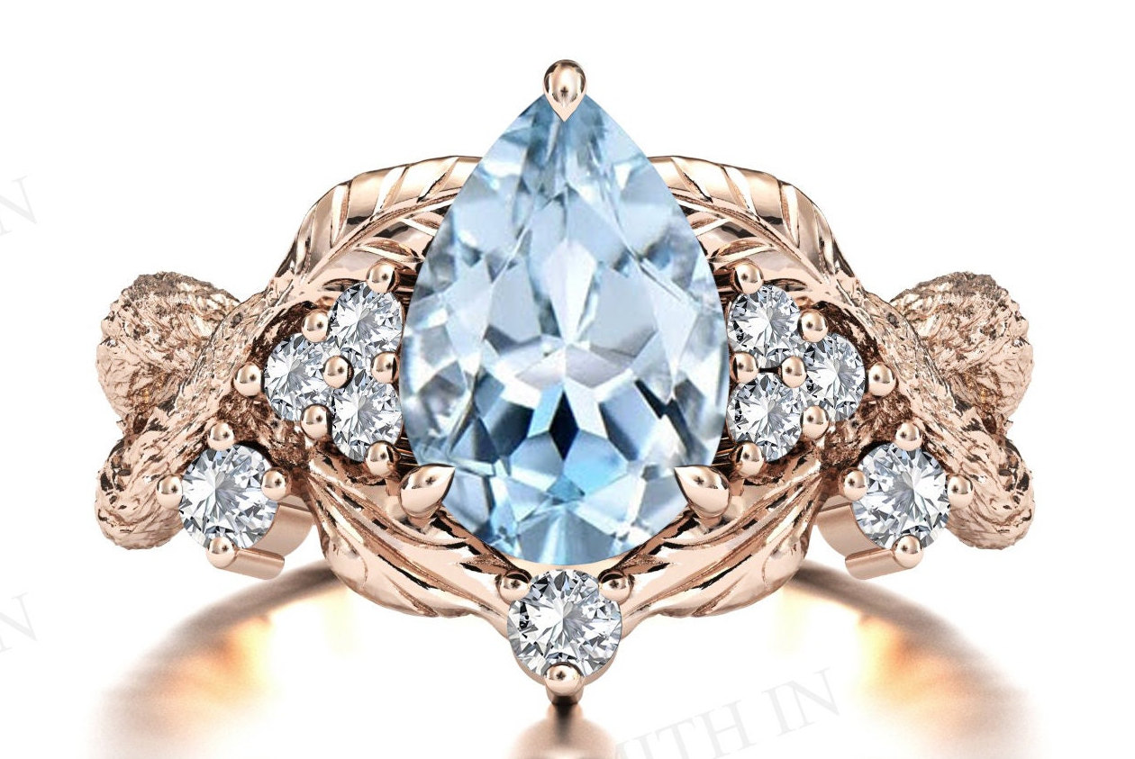 Natural Aquamarine Engagement Ring Tree Texture Style Ring For Women Branch Texture Aquamarine Wedding Ring Art Deco Leaf Style Bridal Ring