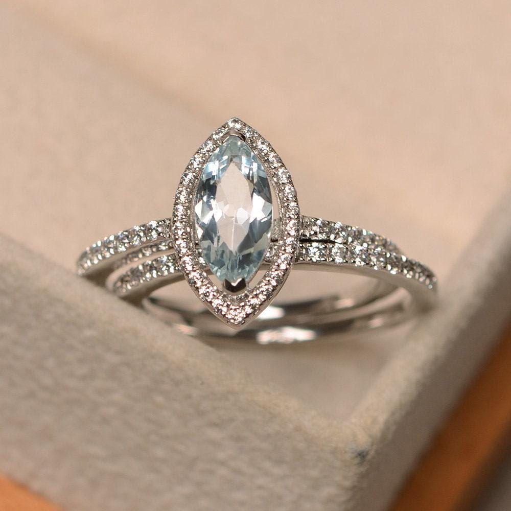 Natural Aquamarine Ring, March Birthstone, Promise Ring, Halo Ring, Engagement Ring With Band